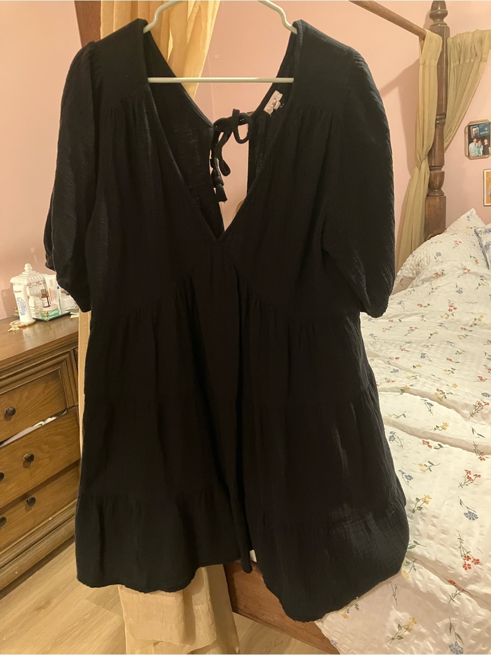 aerie Black Mini Dress with V-Neck and Tie Back and puffy sleeves